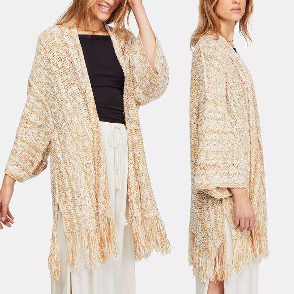 Free People Lucia Cardigan M/L Fringe Open Front Longline Saffron Combo $148 - Picture 3 of 16